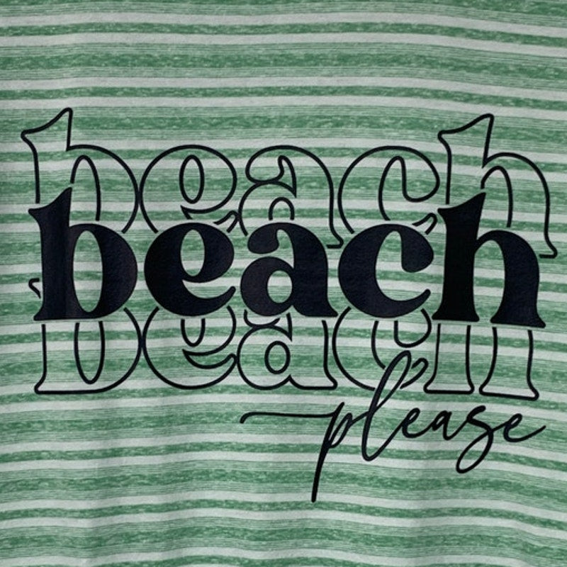 New Upcycled Hand Printed Womens Medium Striped Beach Please Crew Neck Tee
