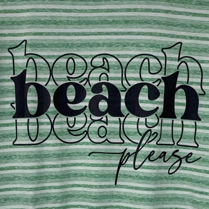 New Upcycled Hand Printed Womens Medium Striped Beach Please Crew Neck Tee