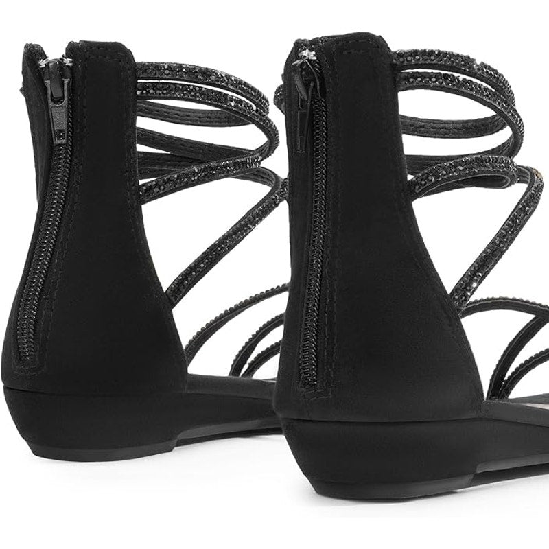Dream Pairs Womens Size 8 Black Faux Suede Rhinestone Ankle Strap Flat Sandals