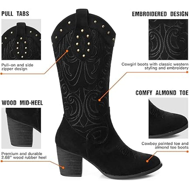 Shibever Womens 7.5 Black Faux Suede Zip Up 2.5" Heel Cowboy Cowgirl Boots Shoes