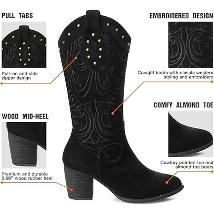 Shibever Womens 7.5 Black Faux Suede Zip Up 2.5" Heel Cowboy Cowgirl Boots Shoes