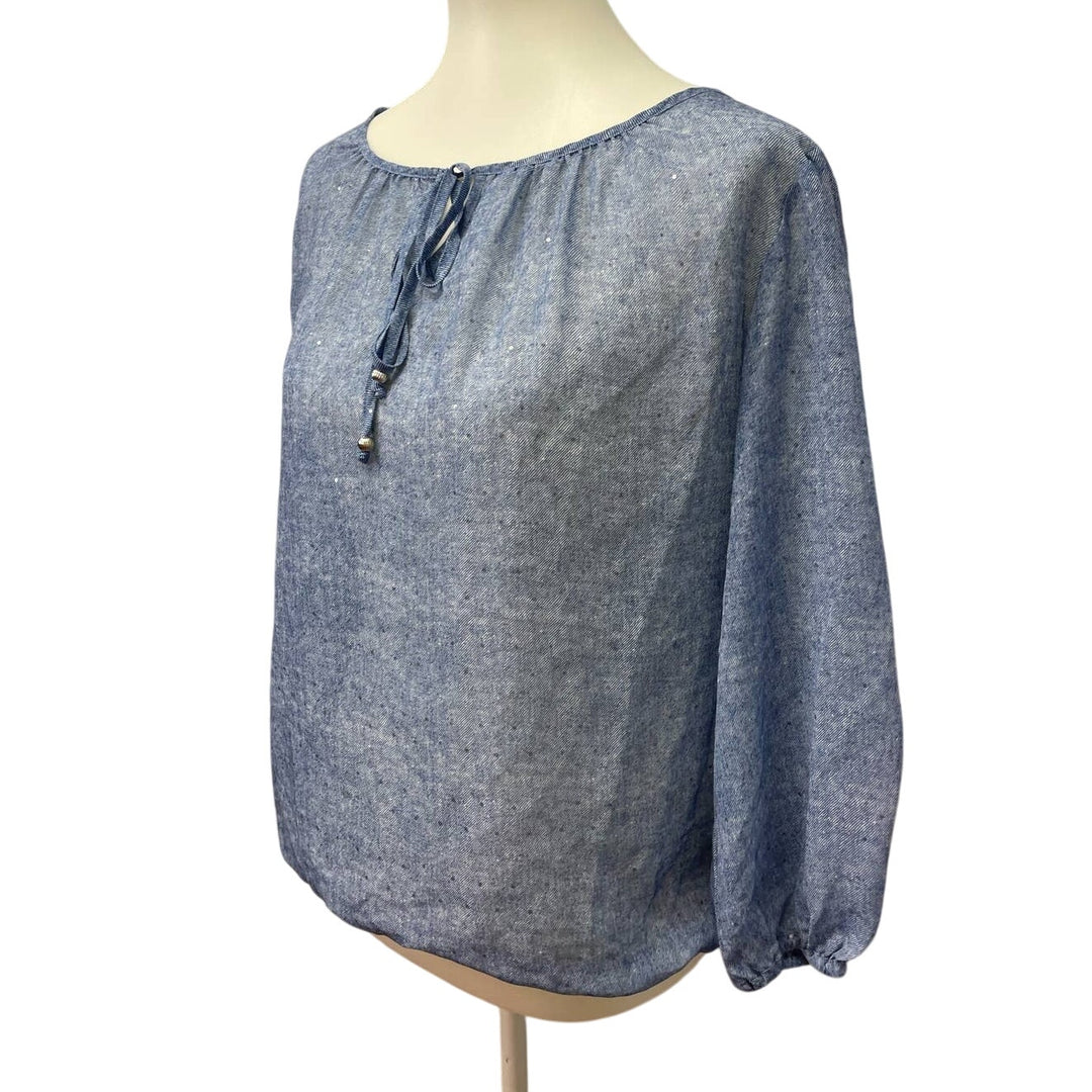 Ruby Rd. Womens Size 10 Sheer Sparkle Long Sleeve Elastic Waist Front Tie Blouse