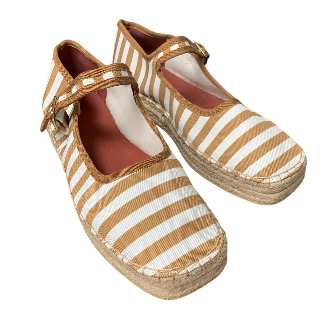 Womens Size 9.5 Brown Striped Mary Jane Woven Espadrilles Platform Sandal Shoes