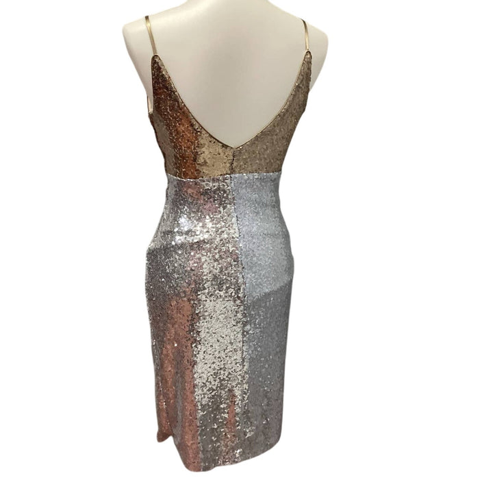 New Speechless Juniors Size 1 Gold Silver Sleeveless Deep V Body Con Midi Dress