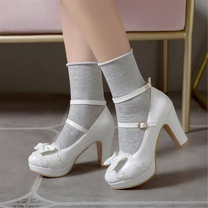 Foreada Womens 6.5 White Lace Bow 3.5" Platform Heel Mary Jane Closed Toe Shoes