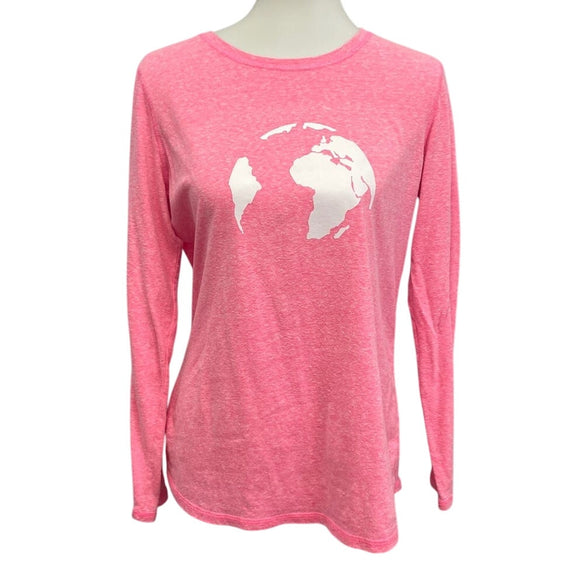 Hand Printed Upcycled Womens Medium Planet Earth Long Sleeve Crew Tee Shirt