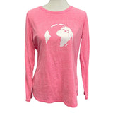 Hand Printed Upcycled Womens Medium Planet Earth Long Sleeve Crew Tee Shirt