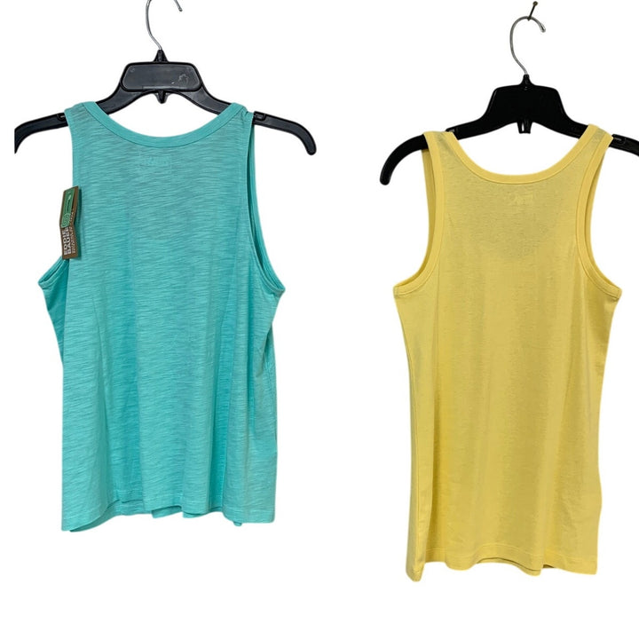 2 New Eddie Bauer Womens Small Blue Yellow Gatecheck Pocket Heathered Tank Tops