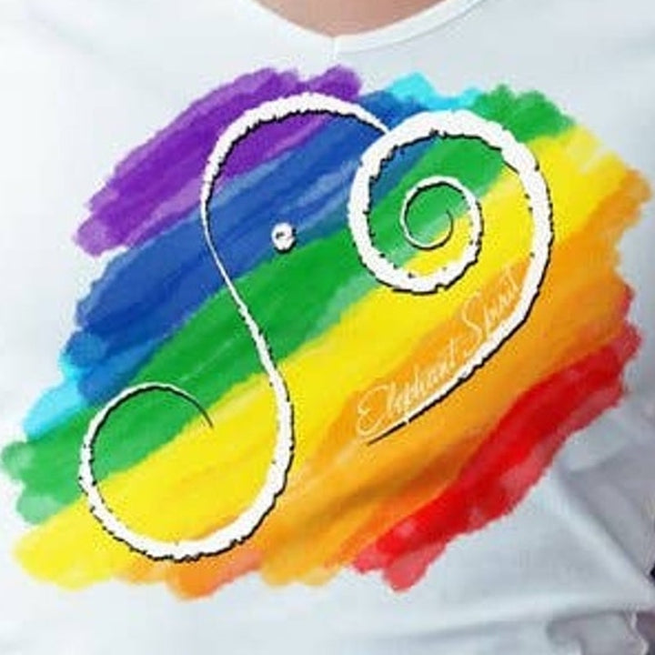 Hand Printed Womens Rainbow Pride Elephant Spirit Performance Tee Shirt