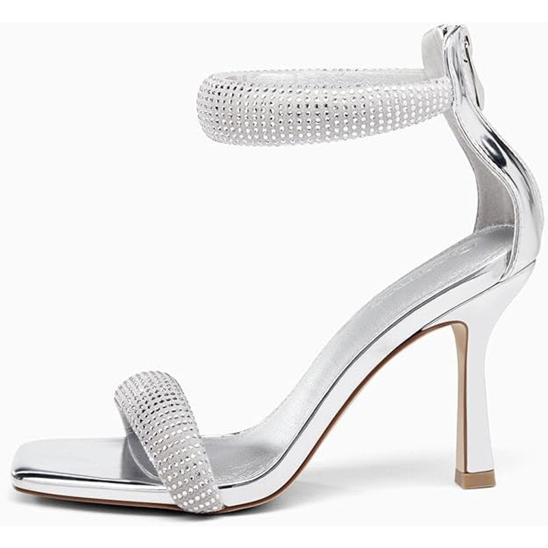 Coutgo Womens Size 10 Silver Sparkle 4" Heel Open Toe Ankle Strap Back Zip Shoes