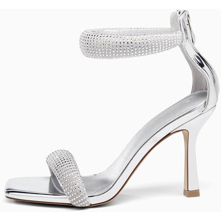 Coutgo Womens Size 10 Silver Sparkle 4" Heel Open Toe Ankle Strap Back Zip Shoes