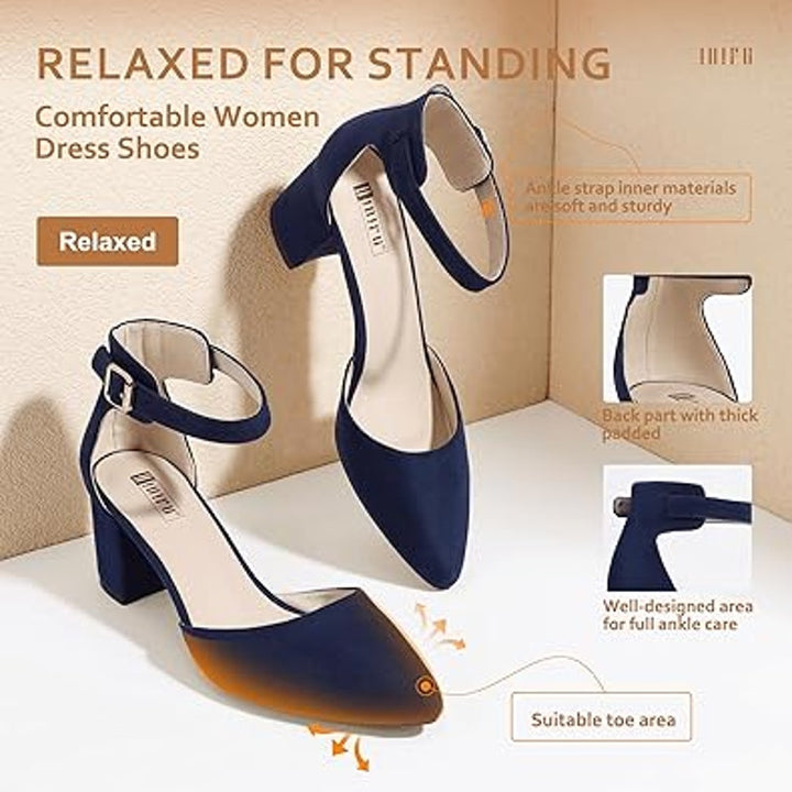 Idifu Womens Size 6 Navy Faux Suede Closed Toe 2" Block Heel Ankle Strap Shoes