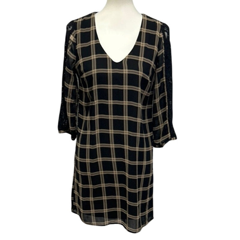 Emerald Sundae Womens Small Plaid 3/4 Sleeves With Lace V Neck Sheath Dress