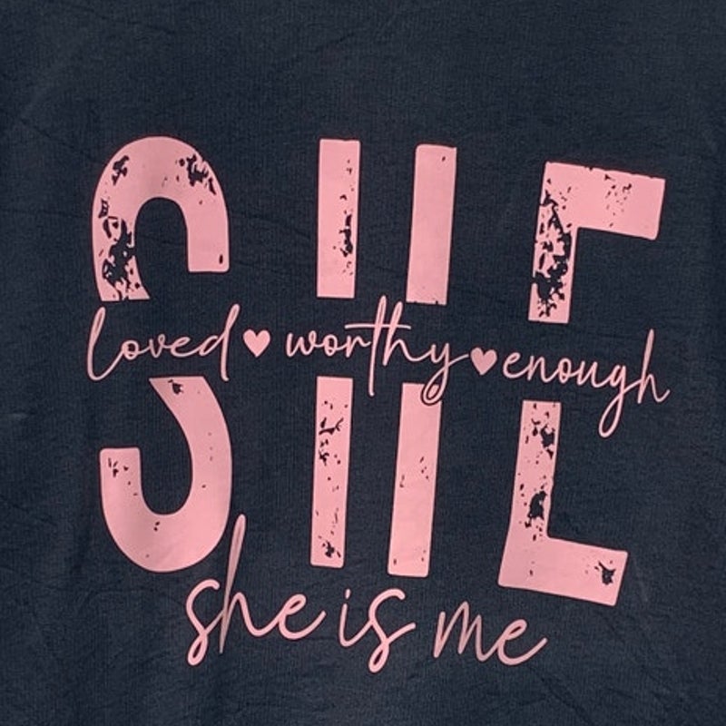 Upcycled Hand Printed Womens Medium She Is Me Love Worthy Enough Sweatshirt