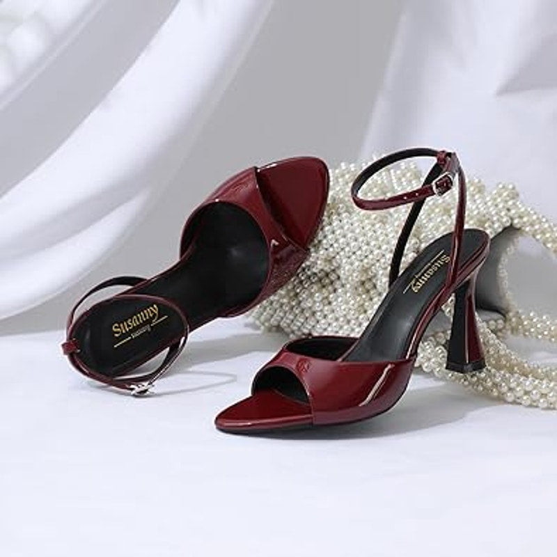 Susanny Womens Size 8.5 Wine Red Open Toe 4.25" Heel Ankle Strap Sandal Shoes