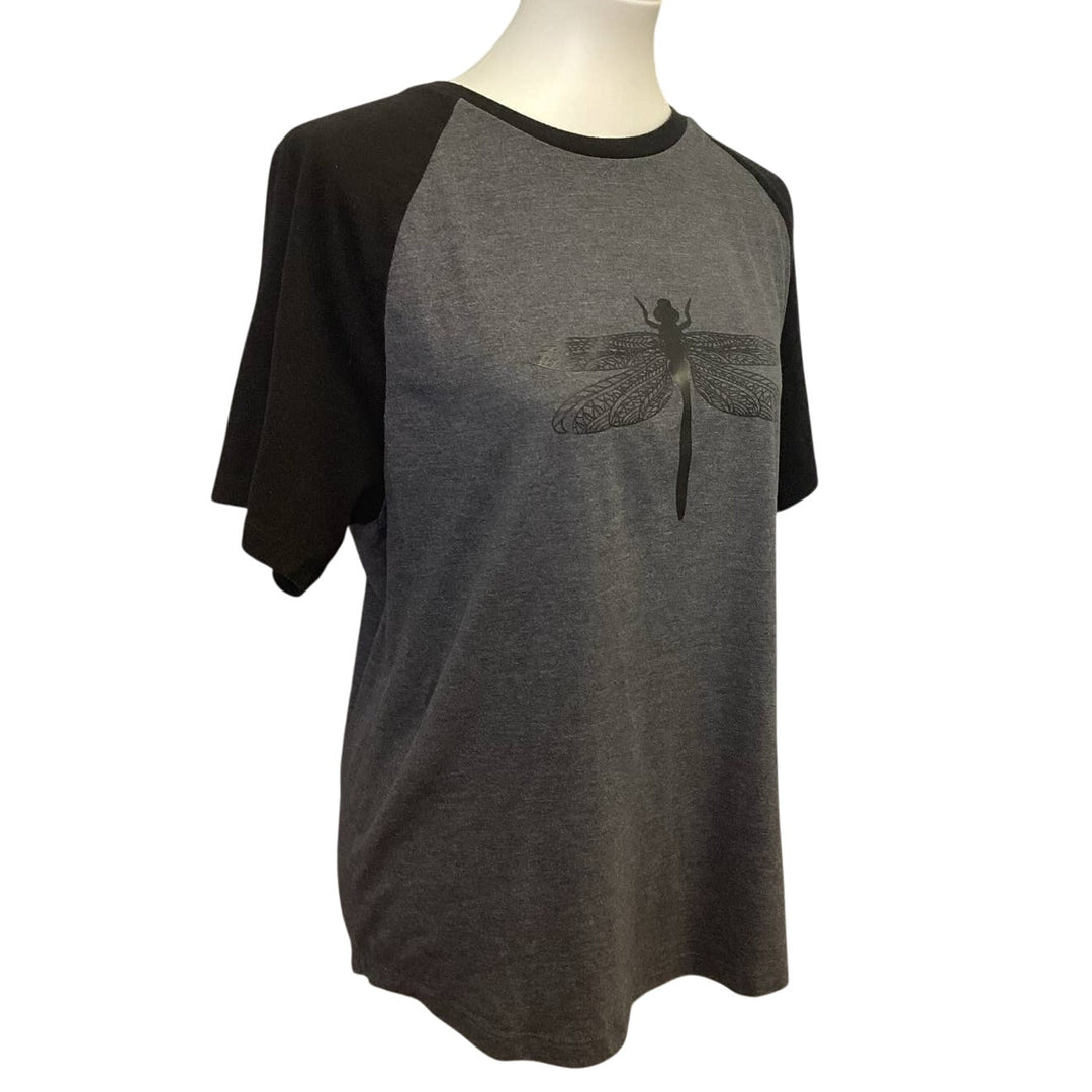 Hand Printed Upcycled Womens Medium Dragonfly Crew Neck Short Sleeve Tee Shirt