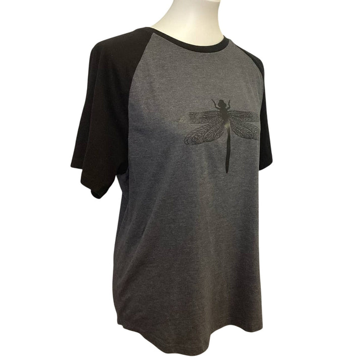 Hand Printed Upcycled Womens Medium Dragonfly Crew Neck Short Sleeve Tee Shirt