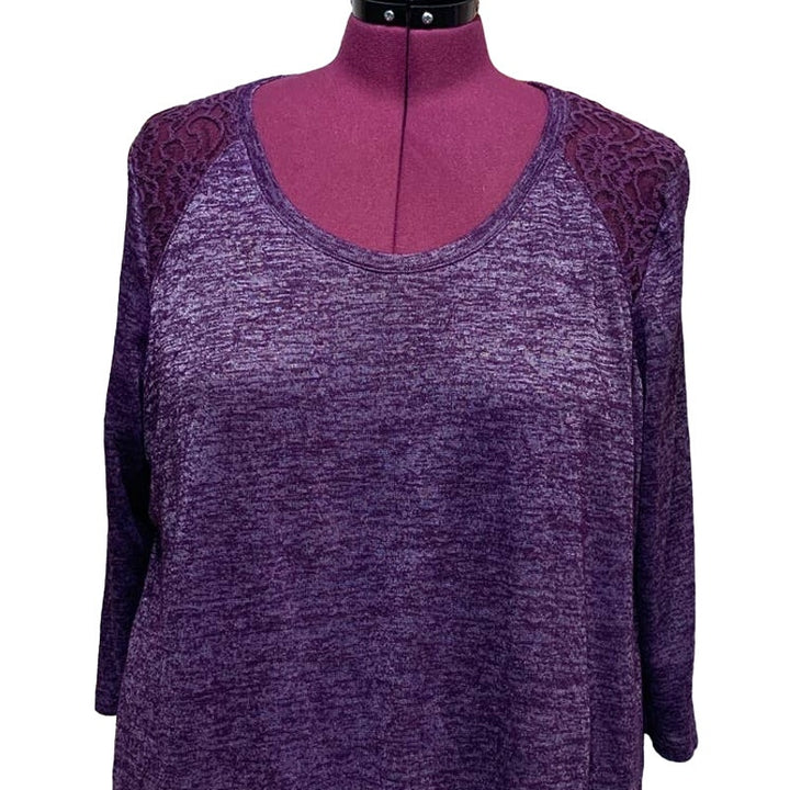 Eyeshadow 3X 3/4 Sleeve Purple Flowy Layered Lace Detail Shiny Comfy Top Blouse