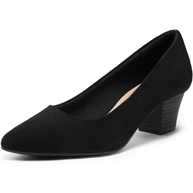 Mysoft Womens 8 Black Faux Suede 2" Chunky Heel Pointy Toe Slide On Pump Shoes