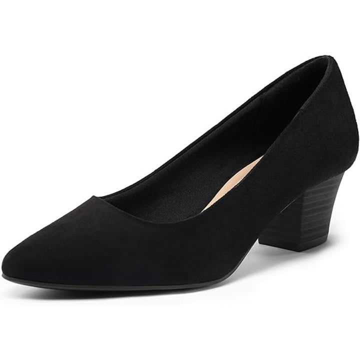 Mysoft Womens 8 Black Faux Suede 2" Chunky Heel Pointy Toe Slide On Pump Shoes