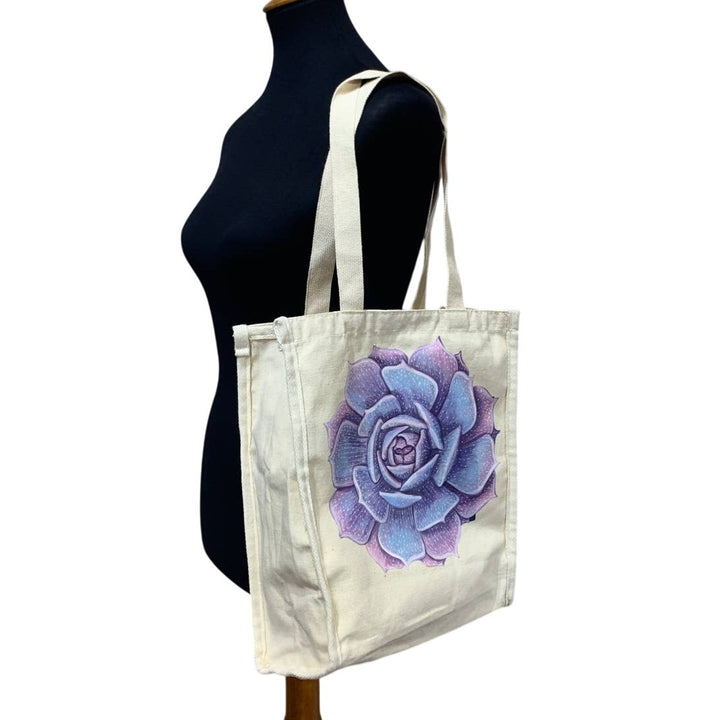 Hand Printed Upcycled Purple Succulent Cactus Rose Flower Small Canvas Tote Bag
