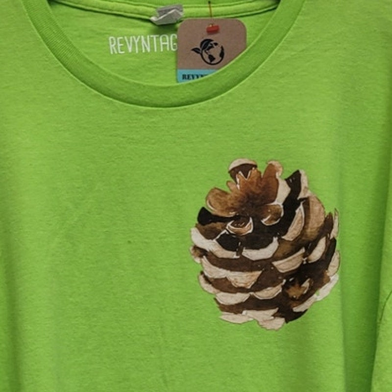 Hand Printed Upcycled Mens 2XL Woody Pine Cone Short Sleeve Tee Shirt