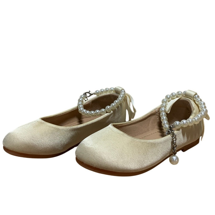 Actlati Toddler Girls 7 Cream Ballet Flats Pearl Ankle Strap Back Bow Shoes