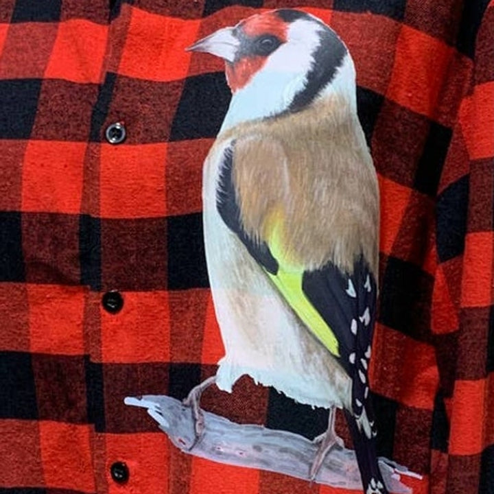 Hand Printed Upcycled Womens Large European Goldfinch Bird Plaid Shirt