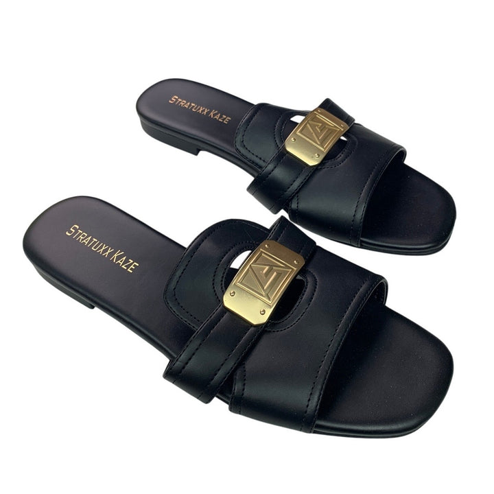 Stratuxx Kaze Womens Size 7 Black Gold Sandal Flats Square Open Toe Shoes