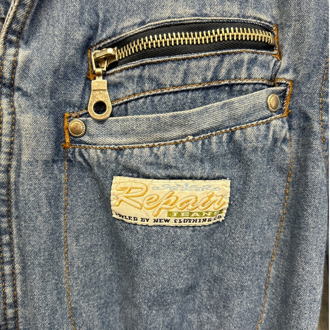 Vintage Repair Jeans Womens Medium 100% Cotton Denim Blue Jean Zip Up Jumpsuit