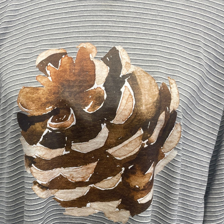 Hand Printed Upcycled Mens XL Woody Pine Cone Short Sleeve Crew Neck Tee Shirt