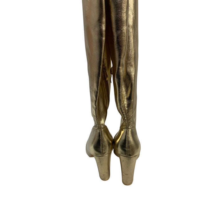 Wsheliu Womens Size 8 Gold 4" Heel Thigh High Gogo Boots Pointed Toe Shoes
