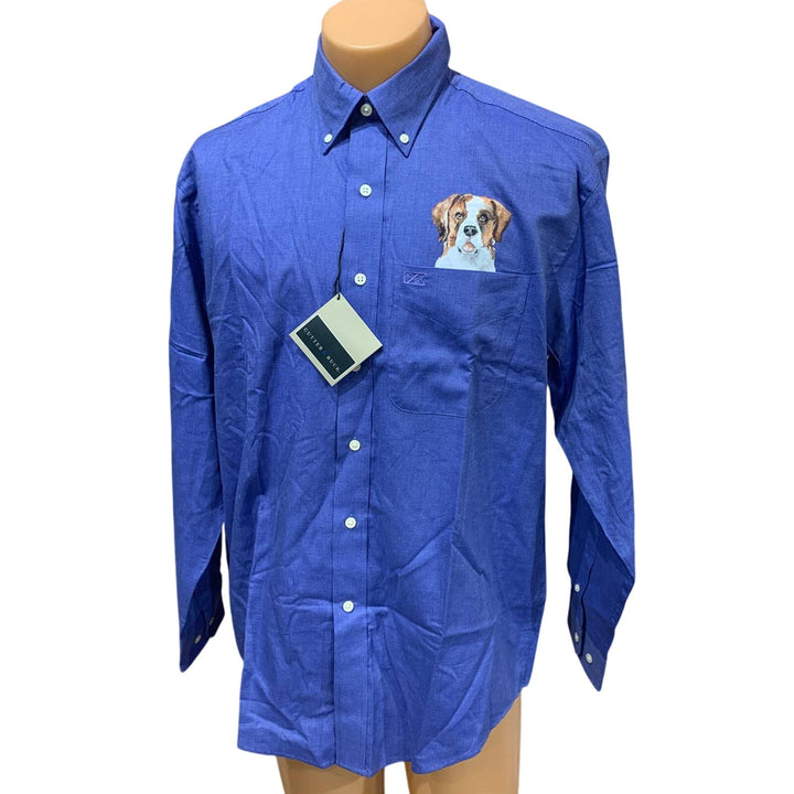 New Hand Printed Upcycled St Bernard Puppy Dog Mens Blue Button Down Shirt