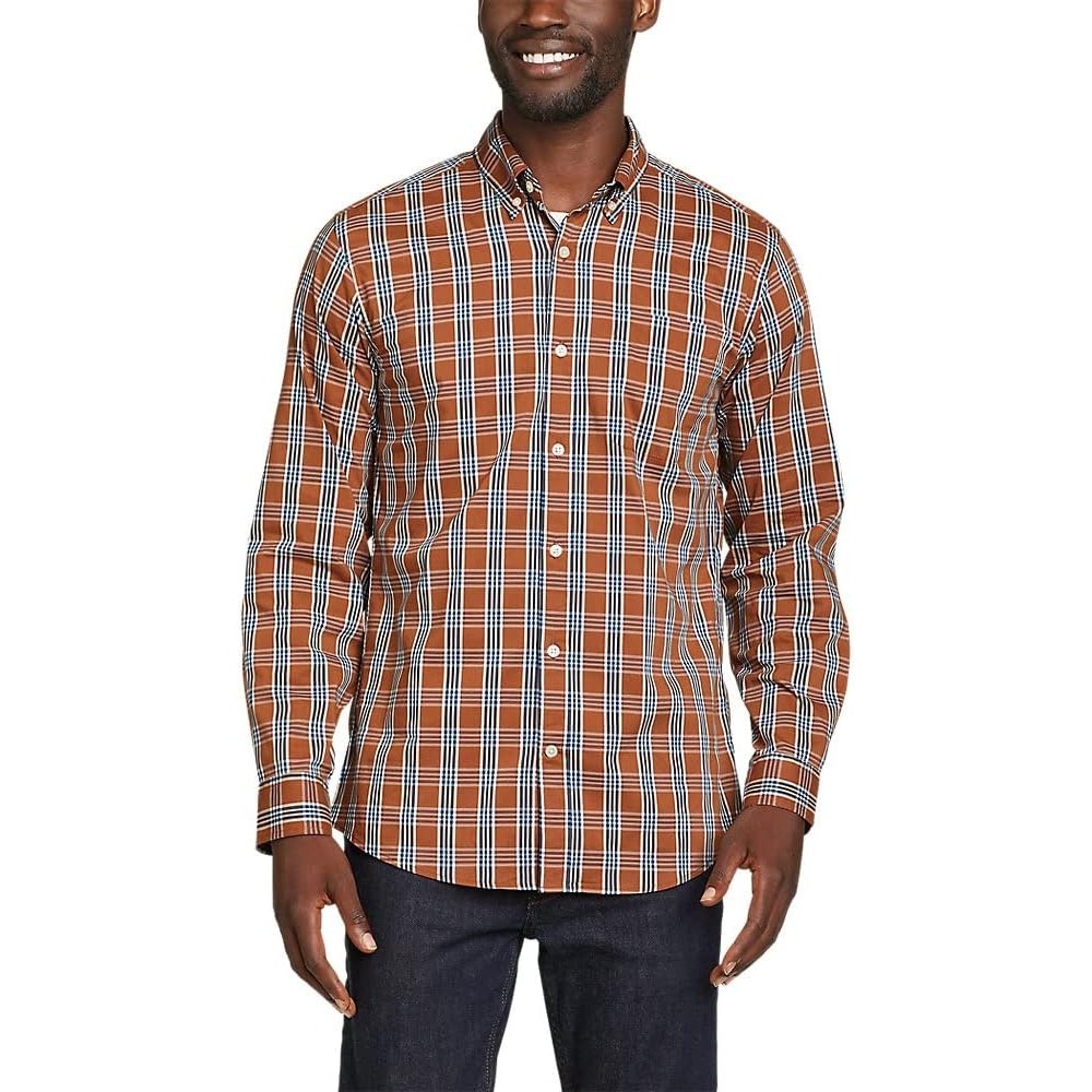 New Eddie Bauer Mens Rust Plaid Long Sleeve Getaway Flex Button Down Shirt