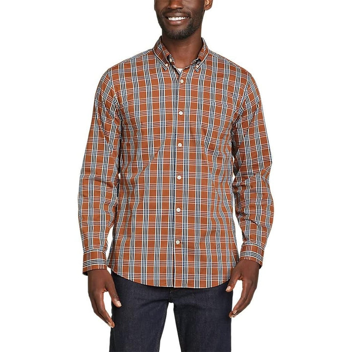 New Eddie Bauer Mens Rust Plaid Long Sleeve Getaway Flex Button Down Shirt