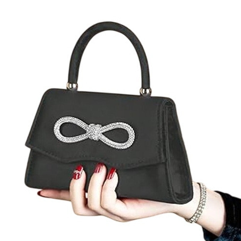 New Womens Black Faux Suede Silver Rhinestone Bow Optional Chain Evening Bag