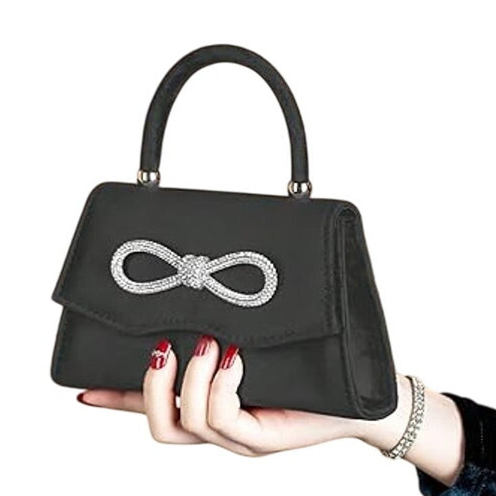 New Womens Black Faux Suede Silver Rhinestone Bow Optional Chain Evening Bag