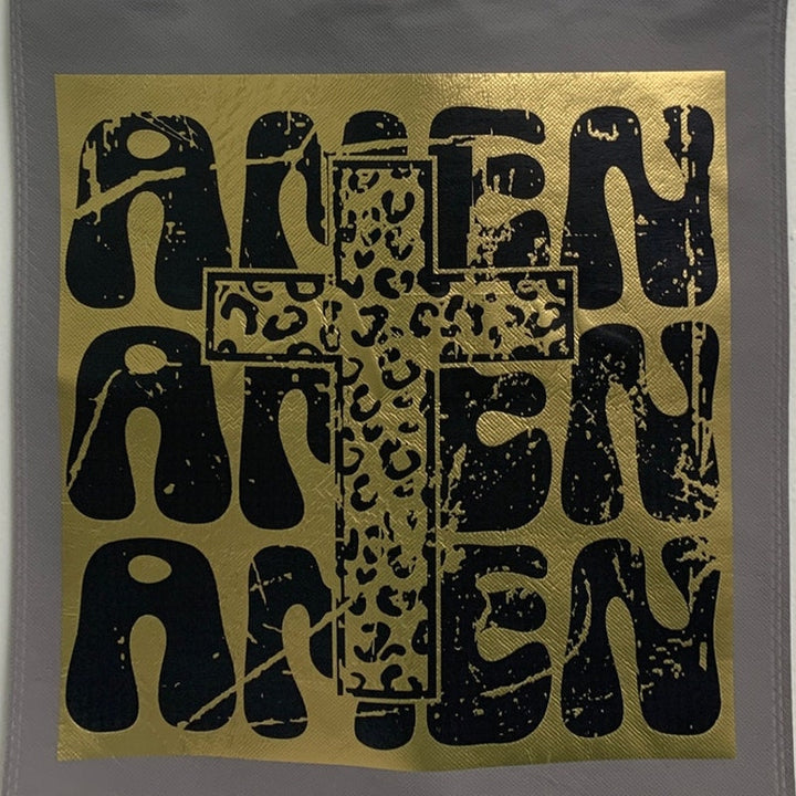 New Upcycled Hand Printed Amen Amen Amen Jesus God Cross Shopper Tote Bag