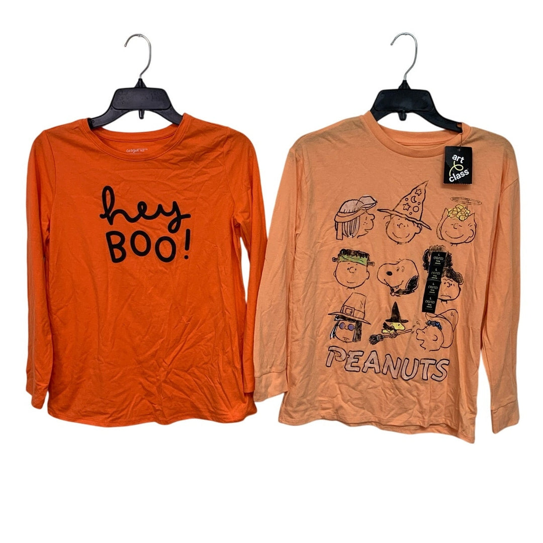 Lot of 2 Cat &amp; Jack Art Class Girls Large Peanuts Long Sleeve Halloween T Shirts