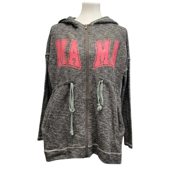 Hand Printed Upcycled Womens Small Mama Gathered Waist Full Zip Hoodie Jacket