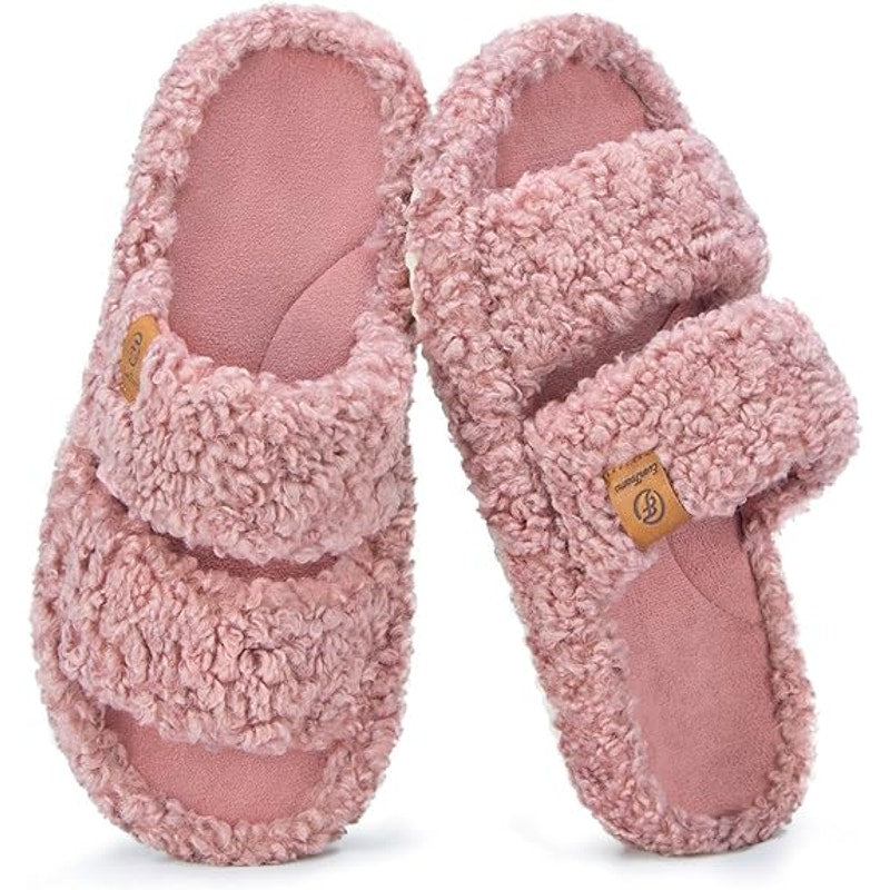 New EverFoams Womens Size 5/6 Pink Fuzzy Open Toe Comfy Memory Foam Slippers
