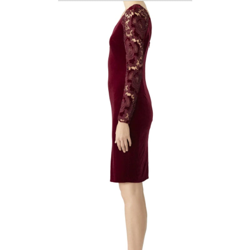 Badgley Mischka Size 8 Red Velvet Long Lace Sleeve Knee Length Sheath Dress Gown