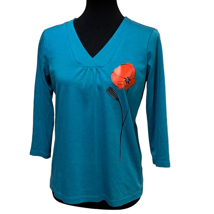 Hand Printed Upcycled Womens Small Red Poppy Flower Supima Cotton V-Neck Tee