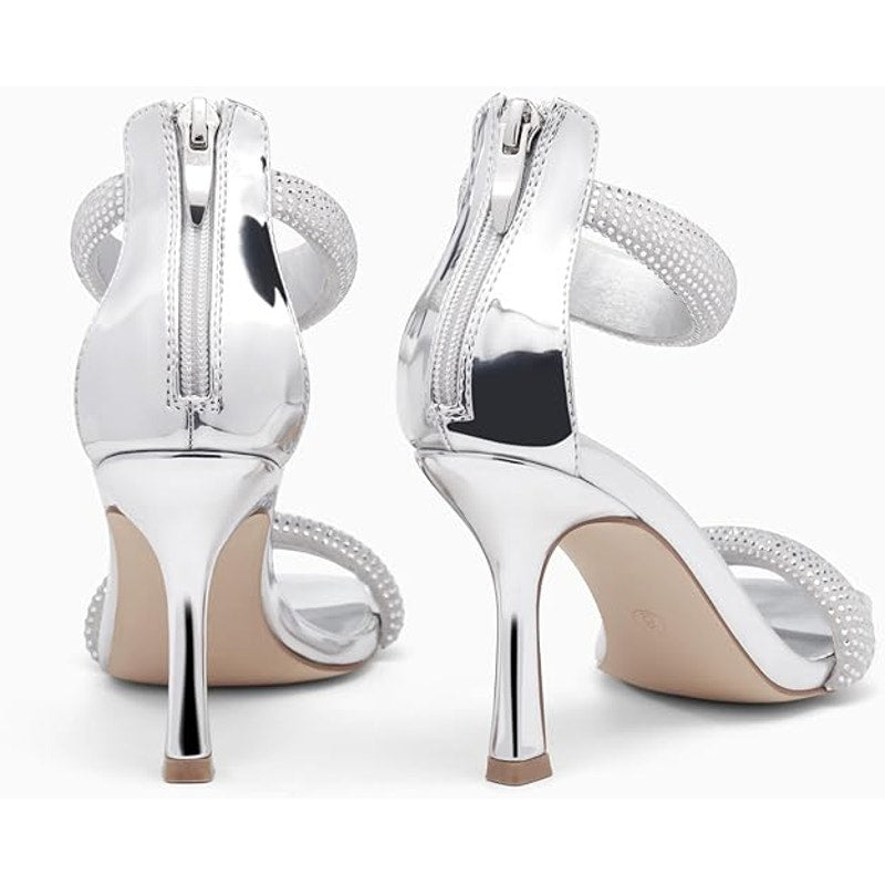 Coutgo Womens Size 10 Silver Sparkle 4" Heel Open Toe Ankle Strap Back Zip Shoes