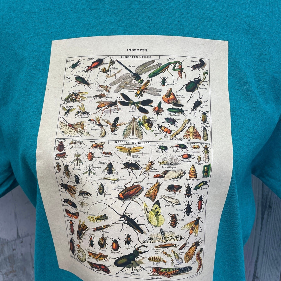Hand Printed Upcycled Womens Medium Vintage Reference Book Insects Bug Tee Shirt