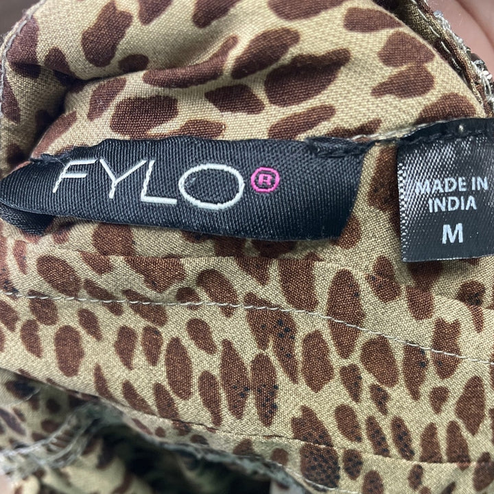 FYLO Womens Medium Cheetah Print Long Sleeve Beaded Collar Button Up Top