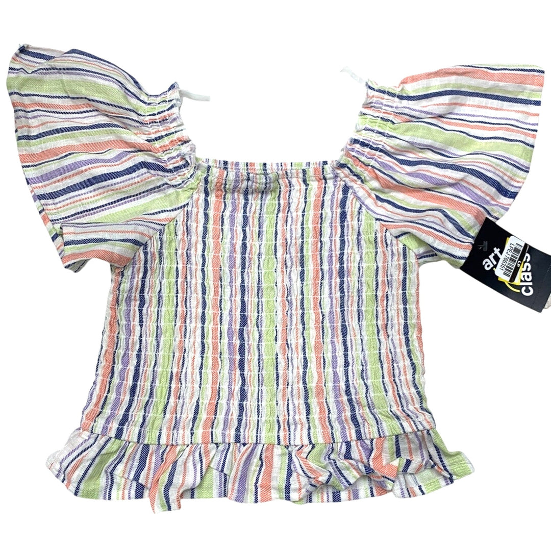 2 New Art Class Girls XL Smocked Stripe Ruffled Sleeve Stretchy Tops Blouses