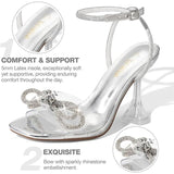 Zurin Womens Size 8.5 Silver Clear Strap Bow Open Toe 4" Heel Ankle Strap Shoes