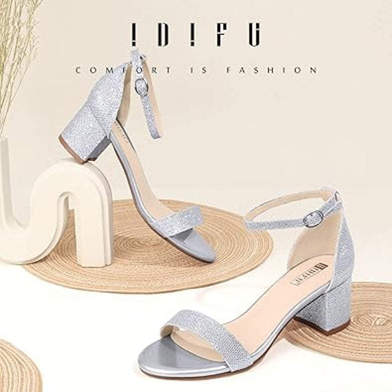 Idifu Womens 9 Silver Glitter Open Toe 2" Block Heel Ankle Strap Sandal Shoes