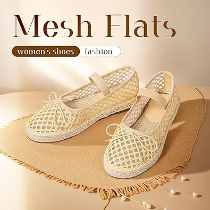 Mikarka Womens Size 8 Tan Mesh Espadrille Elastic Strap Bow Raffia Flats Shoes